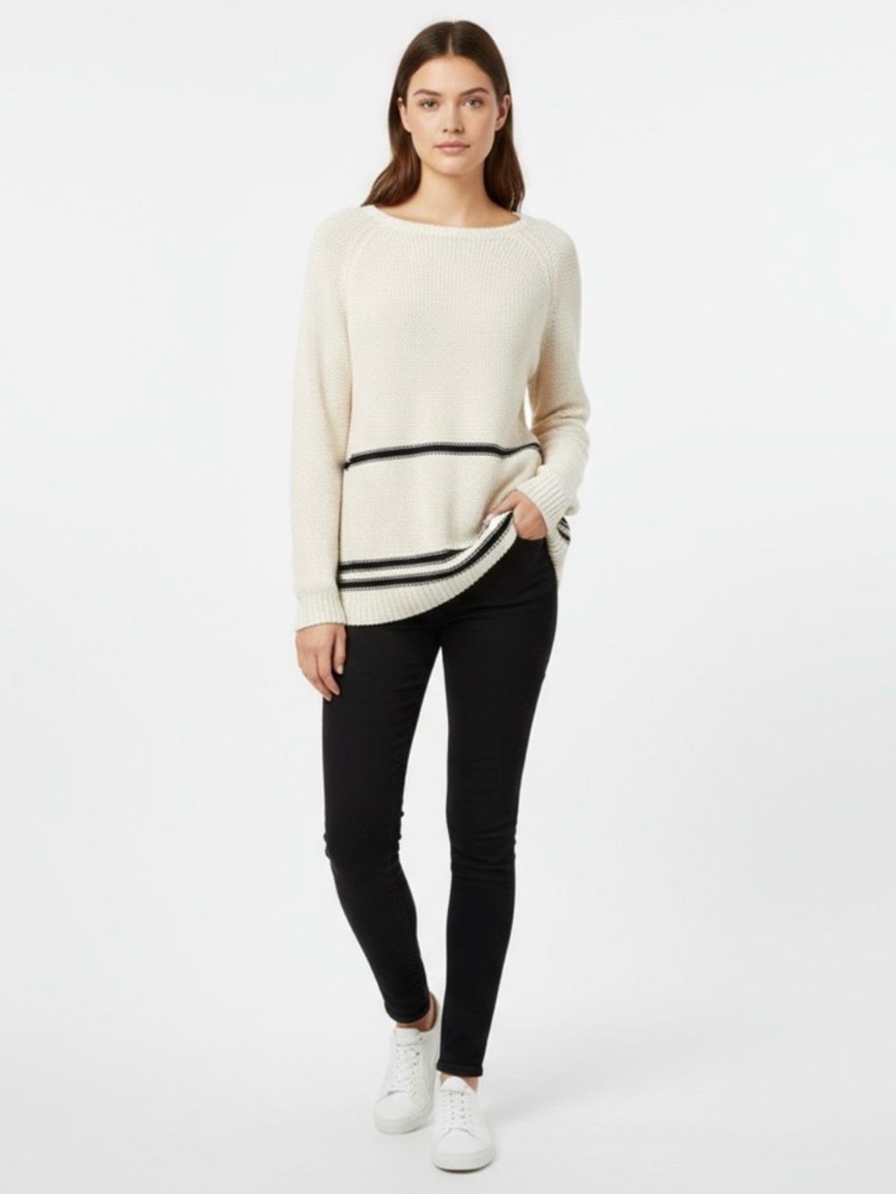 Magaschoni — Knit Cream Sweater with Black Stripes — Size XL — NWT